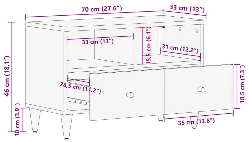 Móvel de TV 70x33x46 cm madeira de mangueira maciça