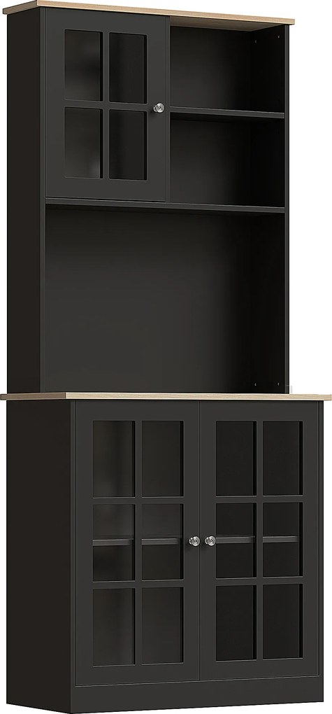 HOMCOM Armário de Cozinha com Prateleiras e Portas de Vidro  Armário Alto de Cozinha para Pequenos Eletrodomésticos e Louças 80x37x183 cm Preto | Aosom Portugal