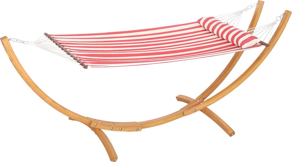 Outsunny Hamaca com Suporte de Madeira 1 Lugar 310x118x120 cm Algodão Vermelho e Branco | Aosom Portugal