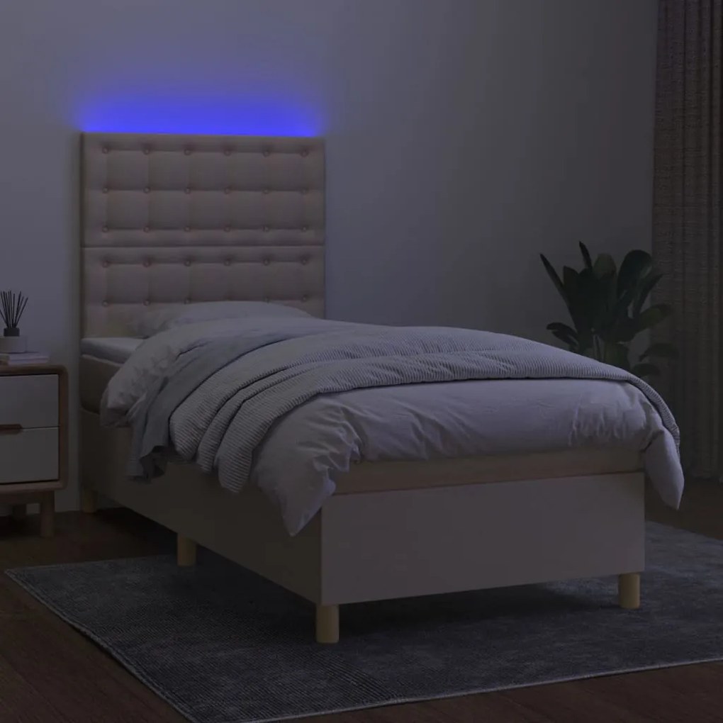 Cama box spring c/ colchão e LED 90x190 cm tecido cor creme