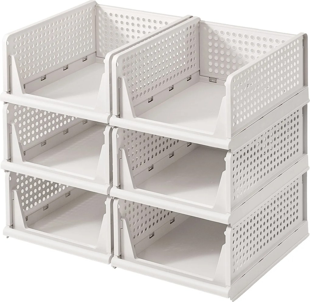 Conjunto de 6 cestos extensíveis dobráveis para armário, organizador empilhável para guarda-roupa brancos