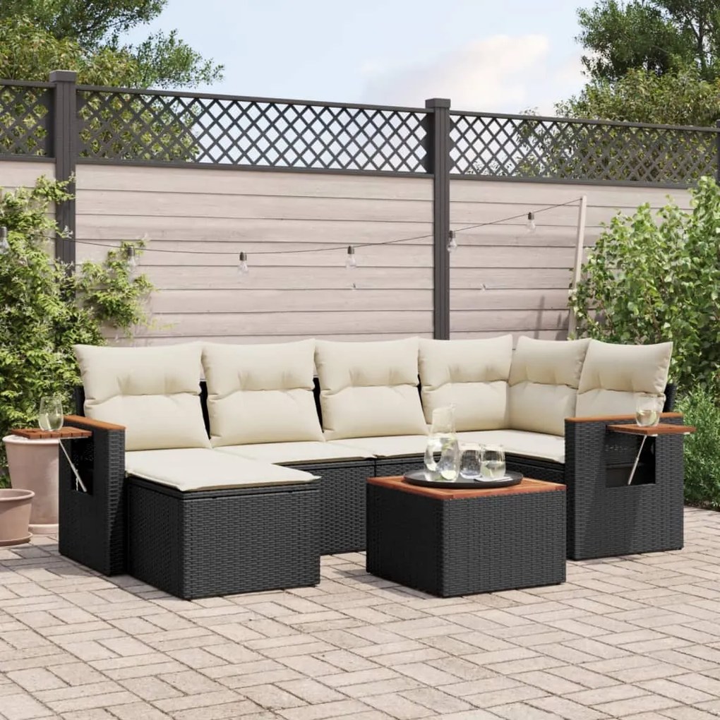 7 pcs conjunto de sofás p/ jardim c/ almofadões vime PE preto