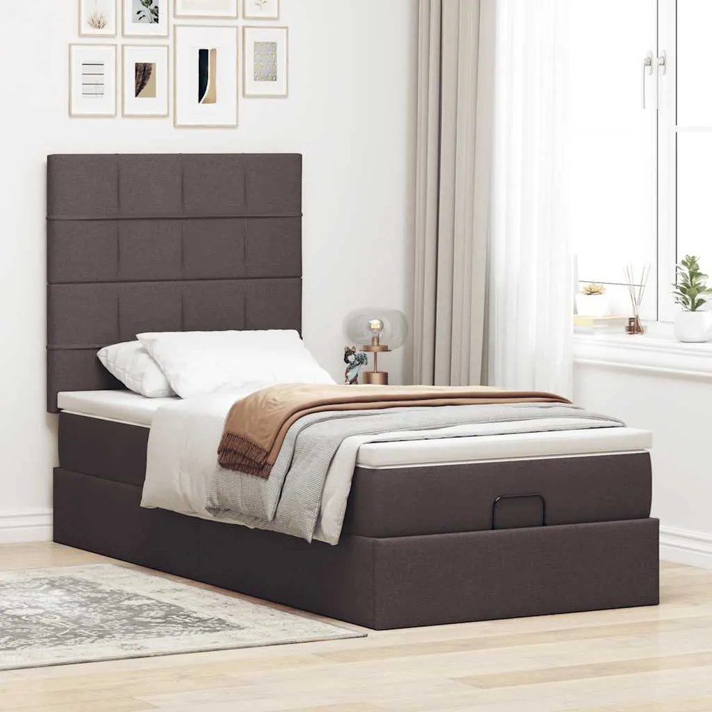 Cama otomana com colchão & LEDs 90x200cm tecido castanho escuro