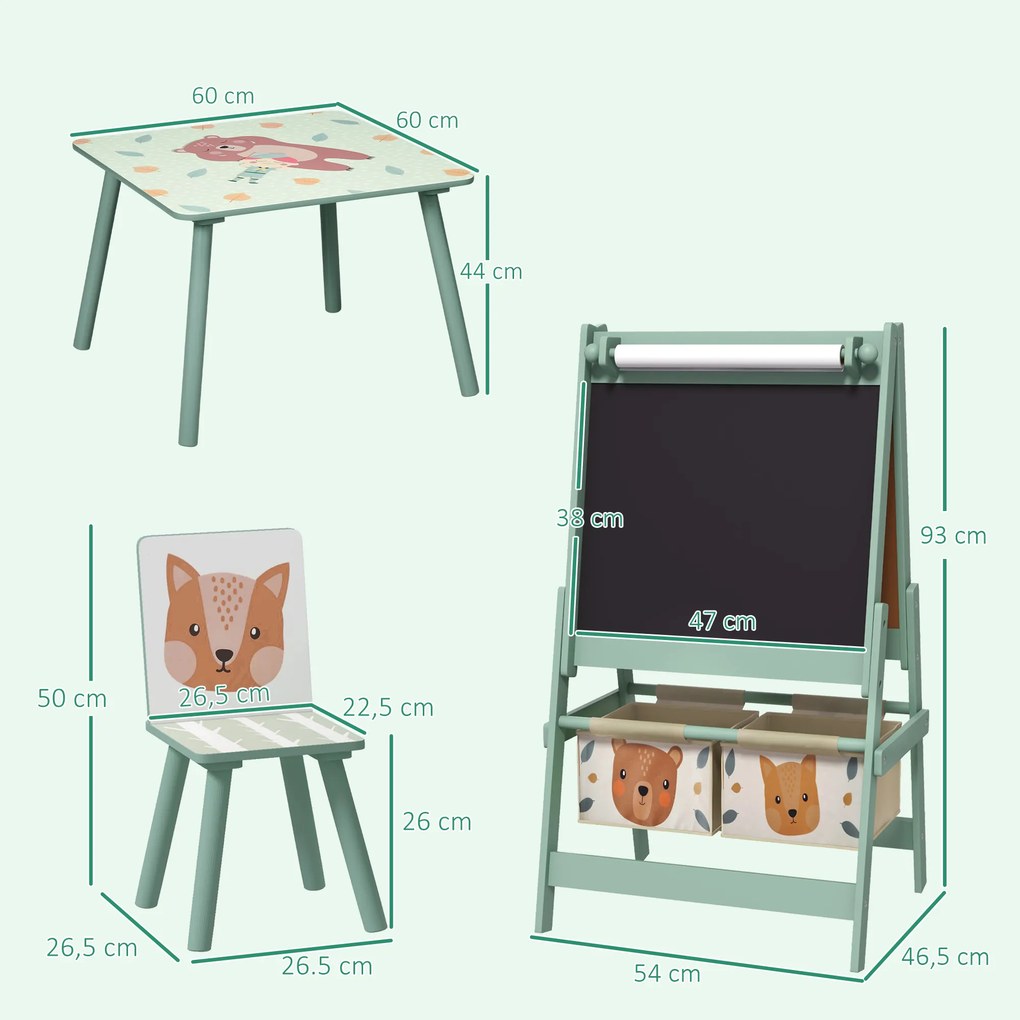Conjunto para Crianças Inclui 1 Mesa com 2 Cadeiras Infantis e 1 Cavalete 3 em 1 com Cestos de Armazenamento Desenho de Animais Verde