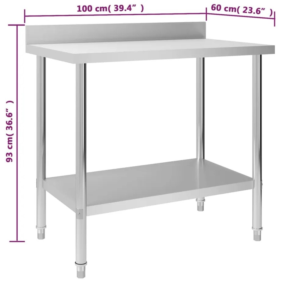 Mesa cozinha rebordo antissalpicos 100x60x93 cm aço inoxidável