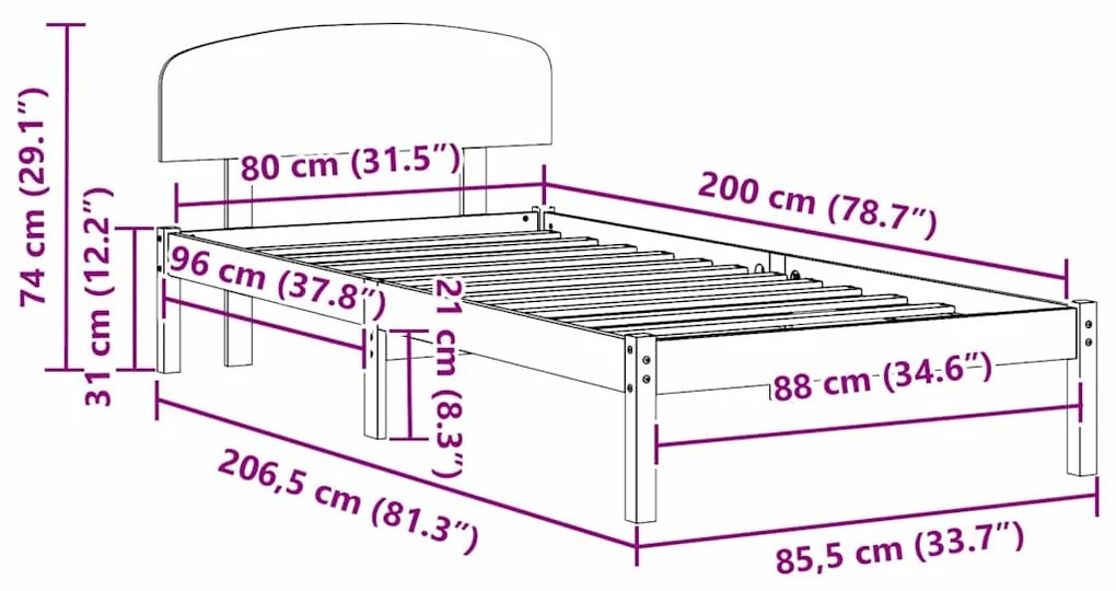 Estrado de Cama com Cabeceira Castanho 80x200 cm Madeira Maciça de Pin