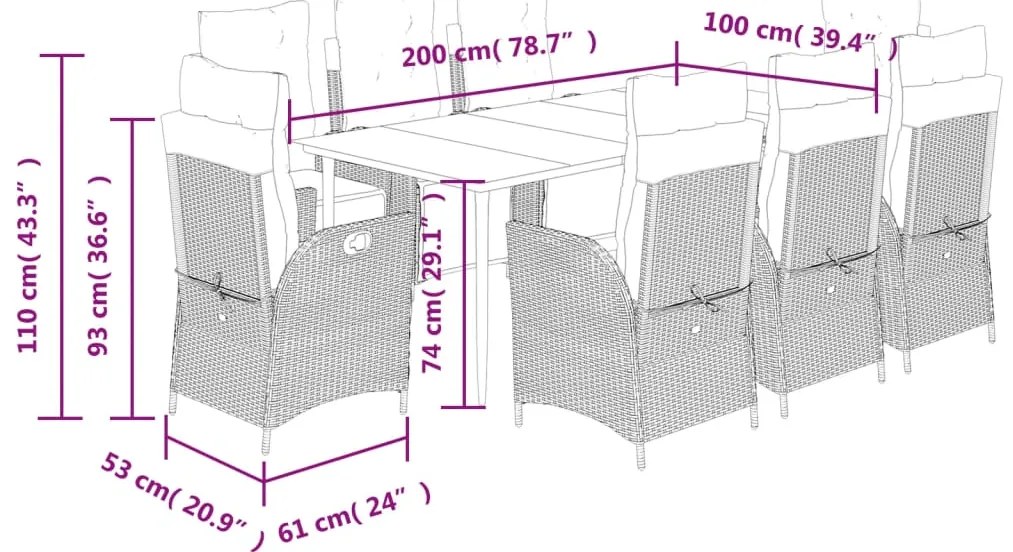 9 pcs conj. jantar jardim c/ almofadões vime PE bege misturado