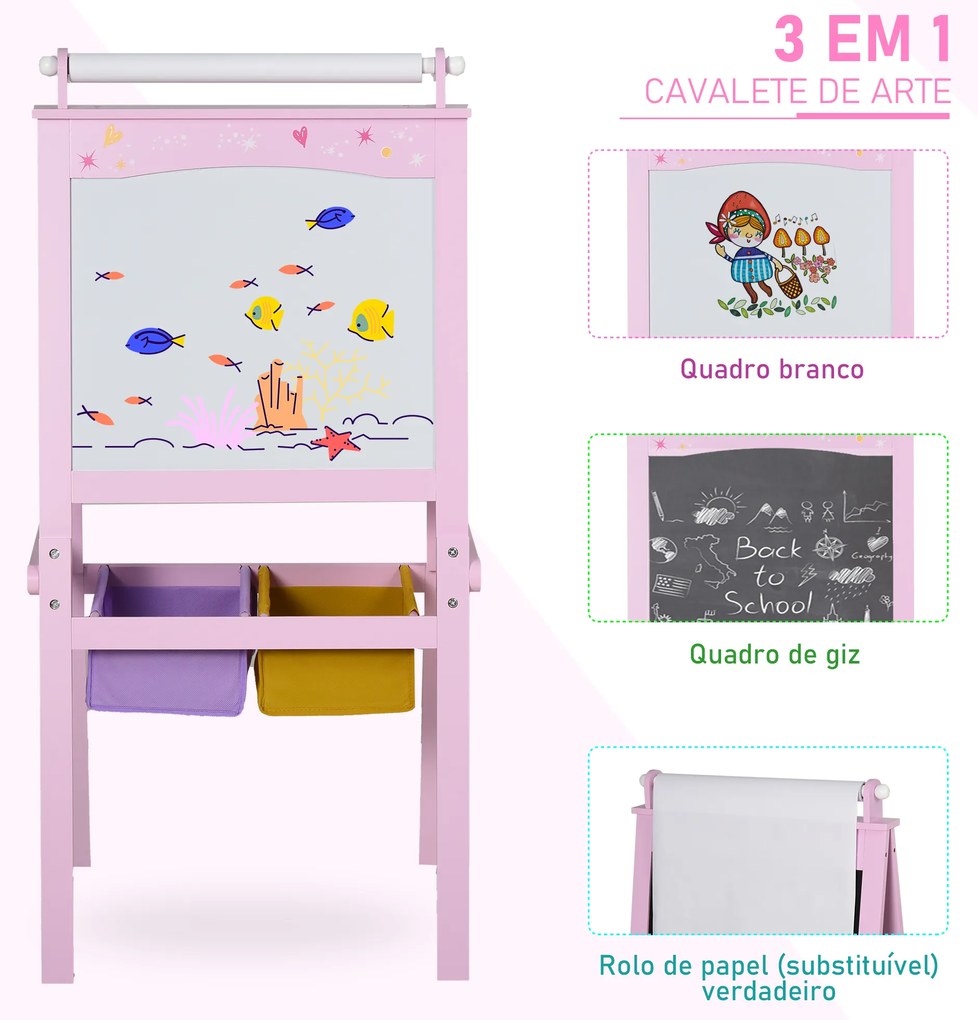 Cavalete Infantil 3 em 1 Cavalete de Arte para Crianças com Quadro Rolo de Papel e 2 Cestos 58,5x50,5x118 cm Rosa