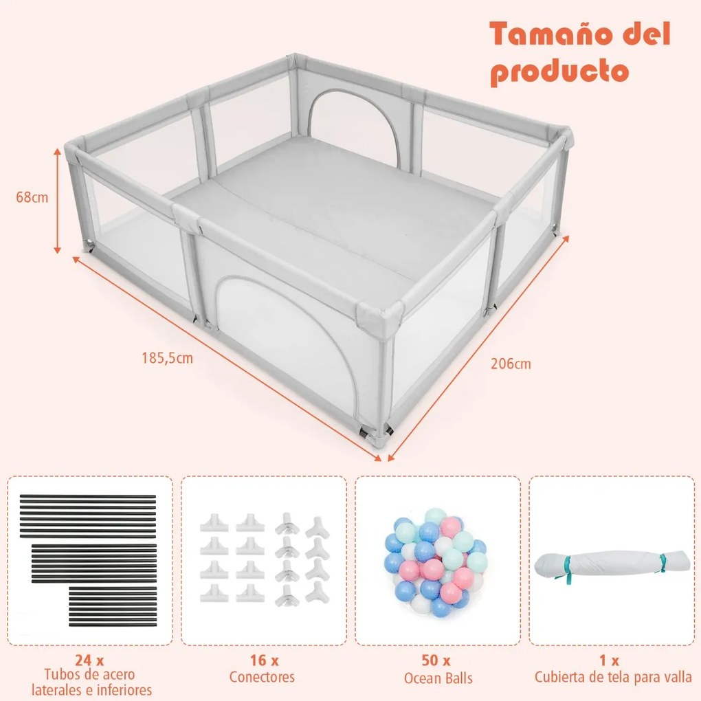 Parque infantil Centro de actividades portátil com cercas de segurança 206 x 185,5 x 68 cm Cinzento