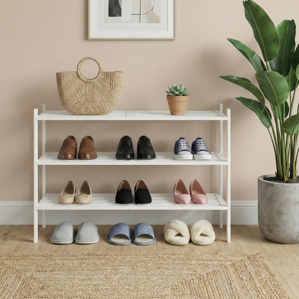 Sapateira para sapatos em bambu 25 x 70 x 51,5 cm, estante empilhável com 3 níveis Branco