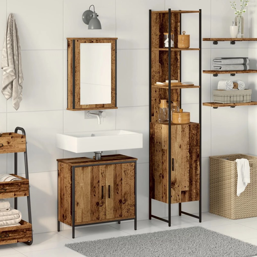 Conjunto de Móveis de Casa de Banho de 3 Peças Madeira Velha Madeira R