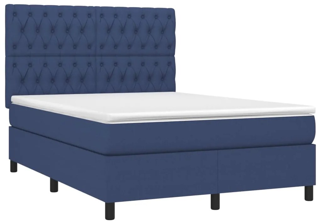 Cama box spring c/ colchão e LED 140x190 cm tecido azul