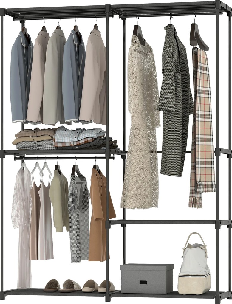 Guarda roupa aberto portátil 142 x 43 x 185 cm com 3 varões para pendurar roupa e 4 prateleiras, preto