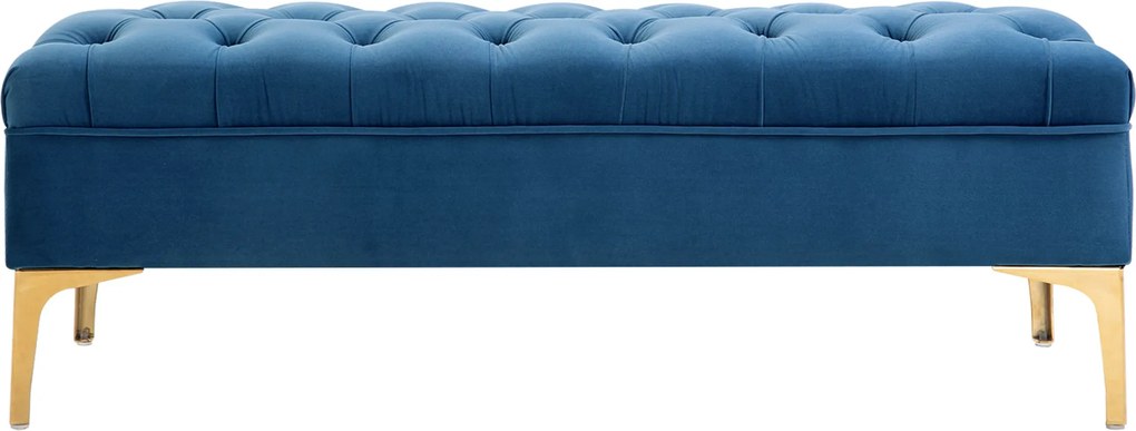 Banco estofado para cabeceira da cama, estilo clássico chique, dim. 118 x 45 x 42 cm, pés em metal dourado, veludo azul