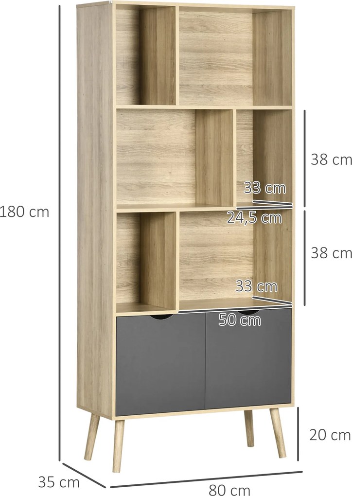 Estante, armário de arrumação com 6 prateleiras, 80 x 35 x 180 cm, em tom natural e cinzento escuro