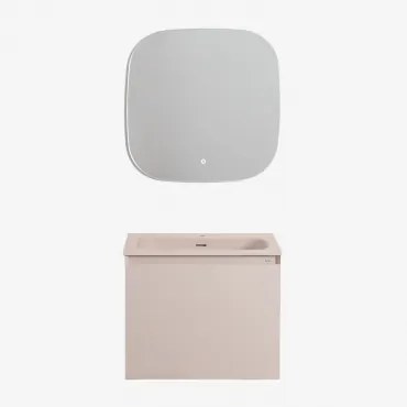 Conjunto De Móvel De Casa De Banho Suspenso Em Madeira Com Lavatório Integrado Macrae Crema Linho & Quadrado Led E Anti-embaciamento 75x75 Cm - Sklum