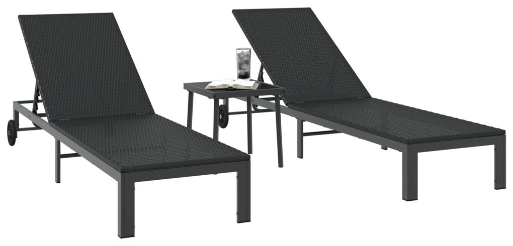 Espreguiçadeiras 2 pcs com Rodas e Mesa em Rattan Preto