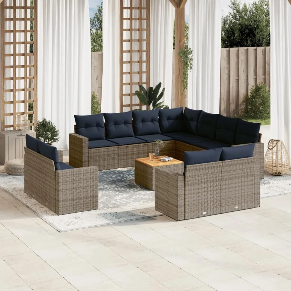 vidaXL 12 pcs conjunto sofás p/ jardim c/ almofadões vime PE cinzento