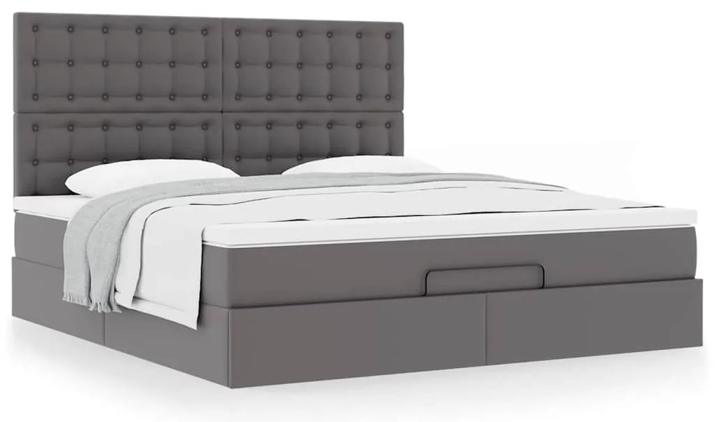 Estrutura de cama otomana com colchão cinza couro falso