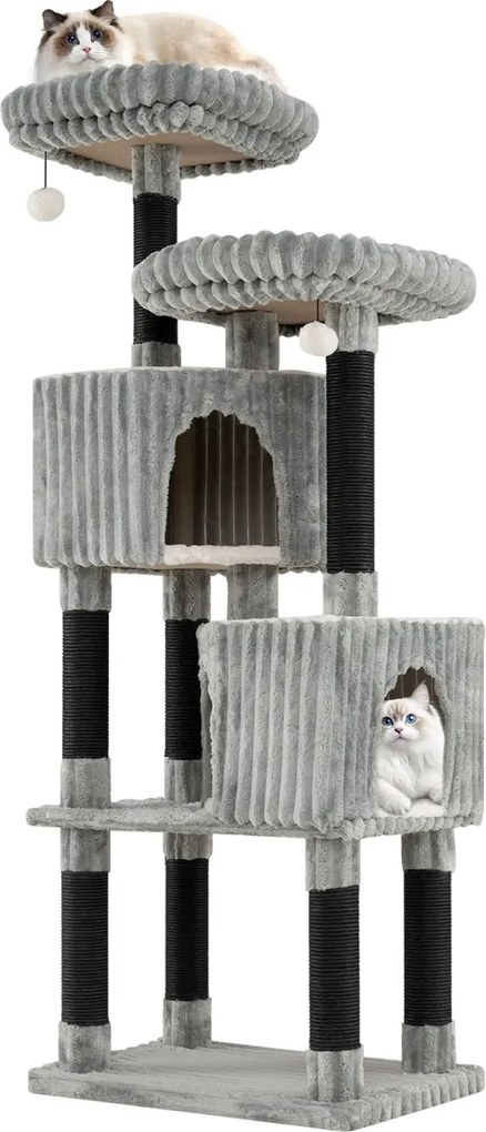 Arranhador para gatos com vários níveis 59 x 40 cm x 156 cm com com 2 camas, postes para arranhar Bolas suspensas Cinza