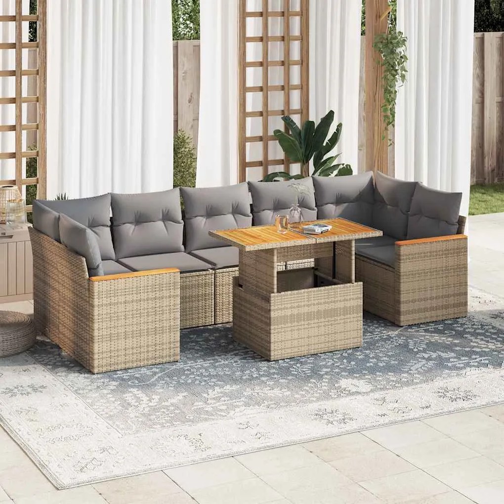 7 pcs conjunto sofás jardim com almofadões vime PE/acácia bege