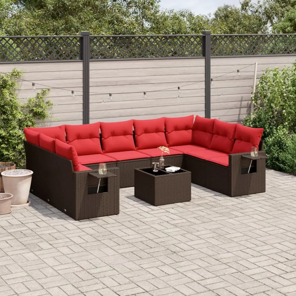 vidaXL 10 pcs conj. sofás jardim com almofadões vime PE castanho