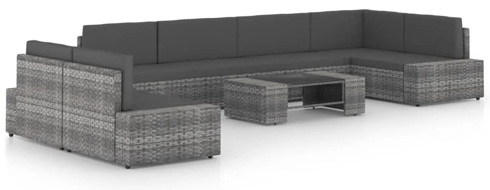8 pcs conjunto lounge de jardim c/ almofadões vime PE cinzento