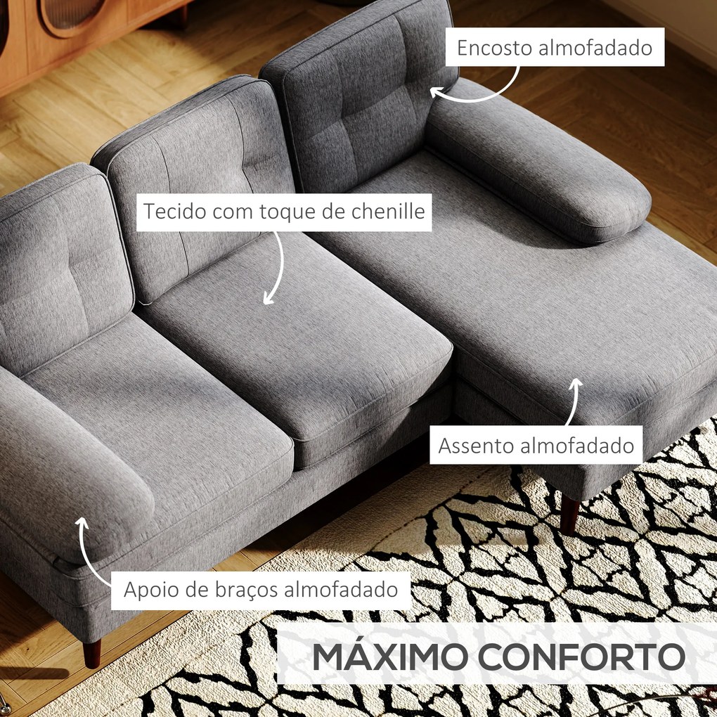 Sofá de Canto com Chaise Longue em Forma de L Estofado em Poliéster para Sala Capacidade 250 kg 215x142x88 cm Cinza