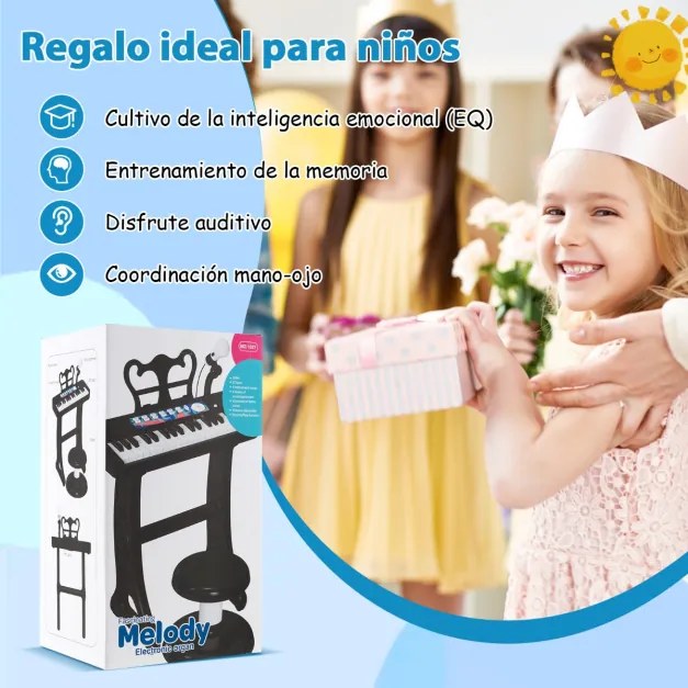 Piano eletrónico para crianças de 37 teclas com banco ajustável microfone removível suporte de música brinquedo eletrionico Preto