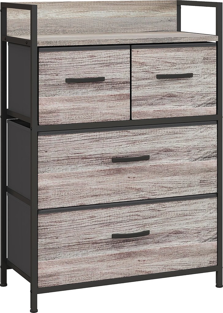 Cómoda de Quarto Armário de Armazenamento com 4 Gavetas Dobráveis Prateleira Aberta e Estrutura de Aço para Sala Entrada 60x29x85 cm Cinzento