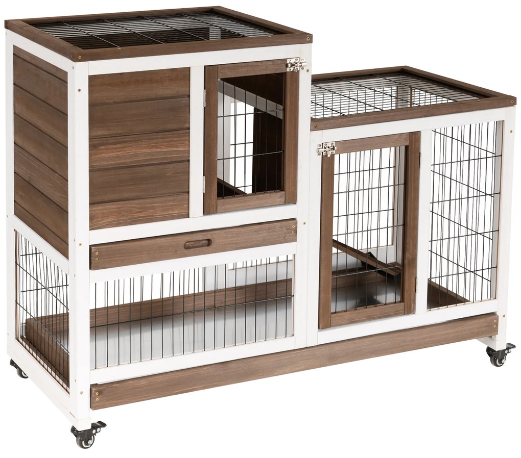 PawHut Coelheira de Madeira com Rodas Gaiola para Coelhos de 2 Pisos com Rampa e 2 Bandejas Removíveis 110x50x86cm Marrom | Aosom Portugal
