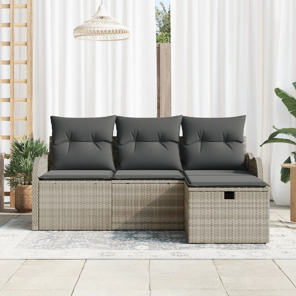 Conjunto de Sofá de Jardim de 4 Peças com Almofadas Cinza Claro Rattan