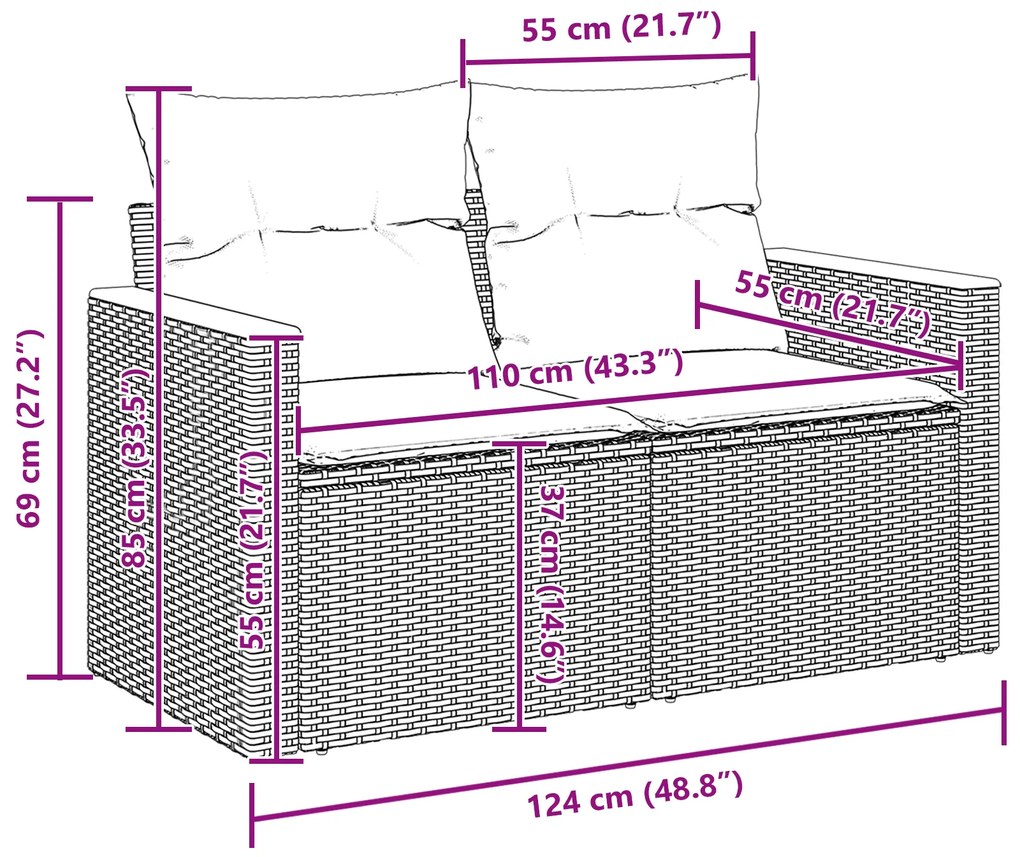 Conjunto de Sofá de Jardim com 14 Peças com Almofadas Preto Rattan Pol