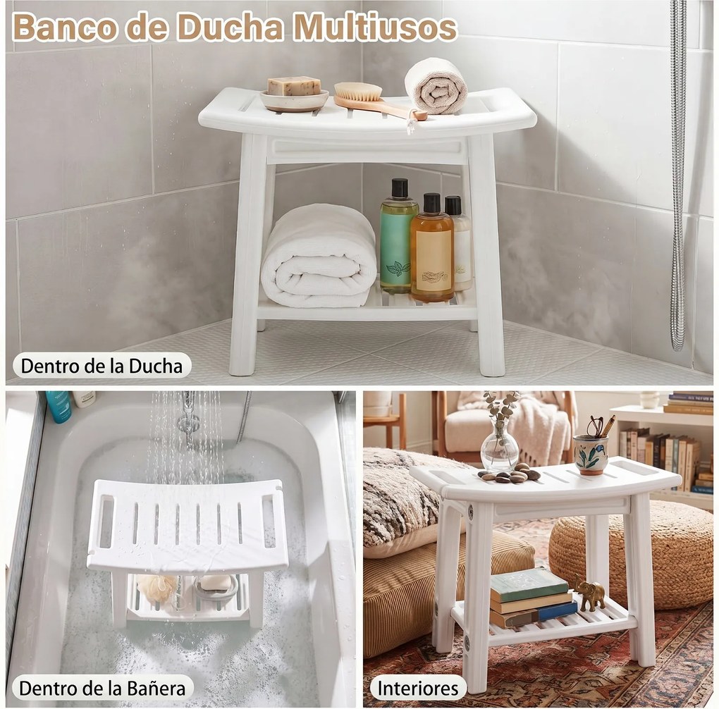 Banco de Duche de Canto, 56 x 31,5 x 45 cm, Prateleira Inferior, Branco
