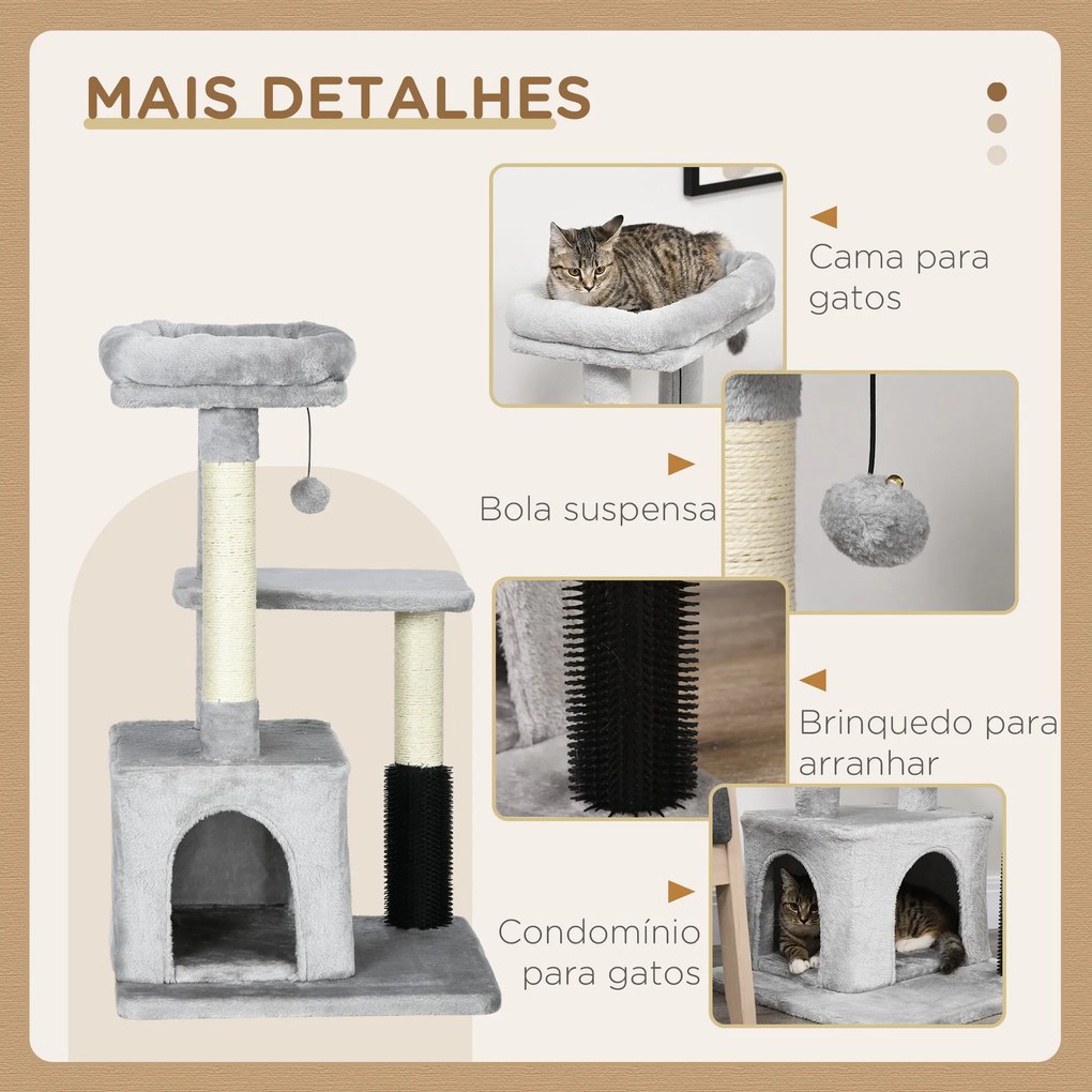 Arranhador para Gatos Médios com Casa Plataforma Bola Brinquedo Arranhador e Postes de Sisal 48x48x85 cm Cinza