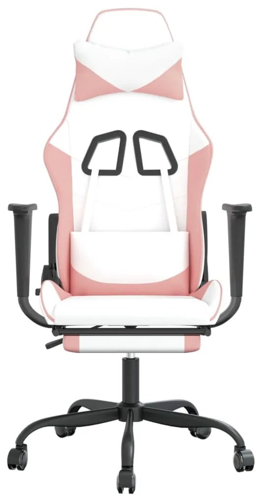 Cadeira gaming massagens c/ apoio pés couro artif. branco/rosa