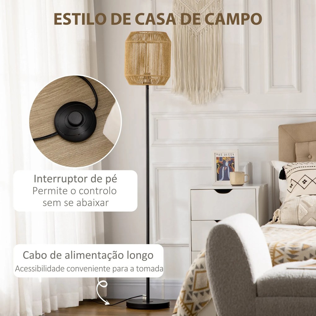 Candeeiro de Pé para Sala de Estar Lâmpada E27 Máx. 40W Candeeiro de Pé com Ecrã de Corda de Papel e Interruptor de Pé para Cozinha Dormitório Ø26x158