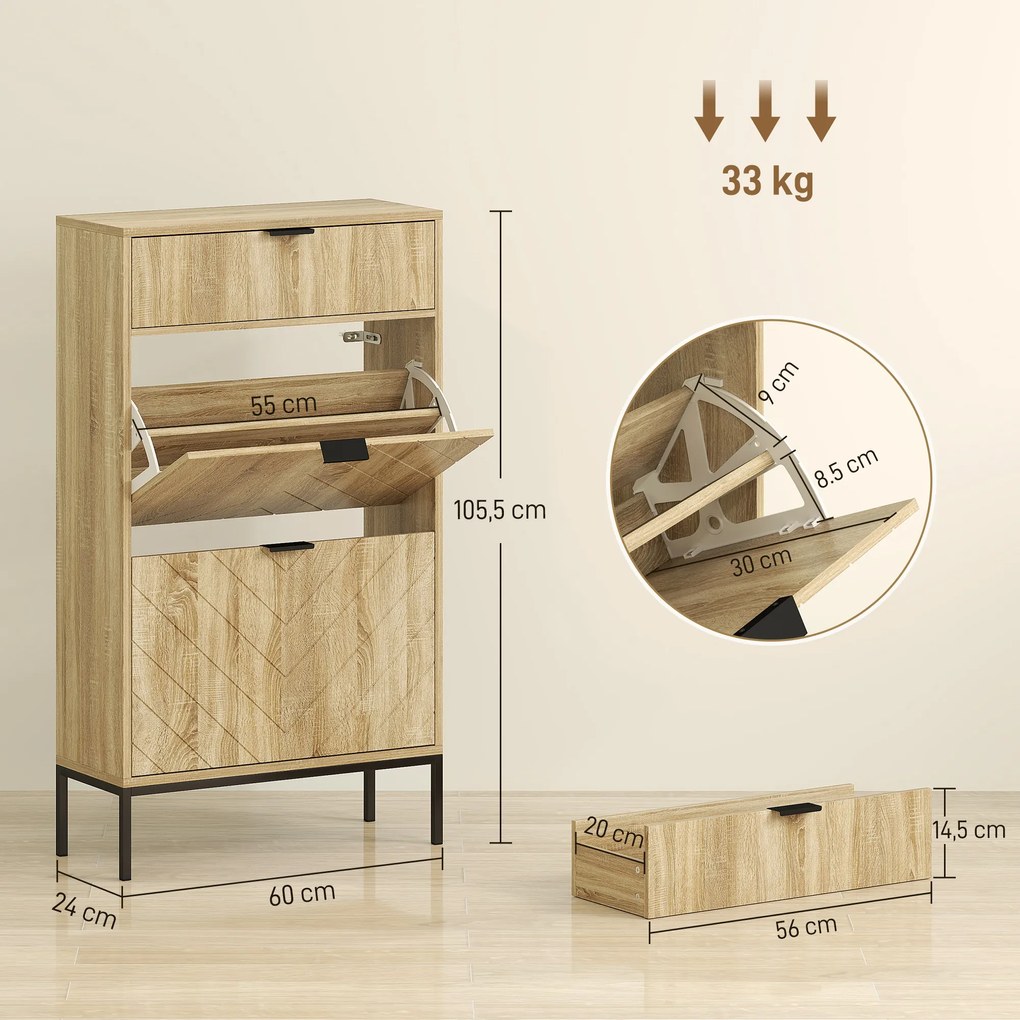 Sapateira Estreita com 2 Portas Gaveta e Prateleiras Ajustáveis para 8 Pares de Sapatos 60x24x105,5 cm Madeira