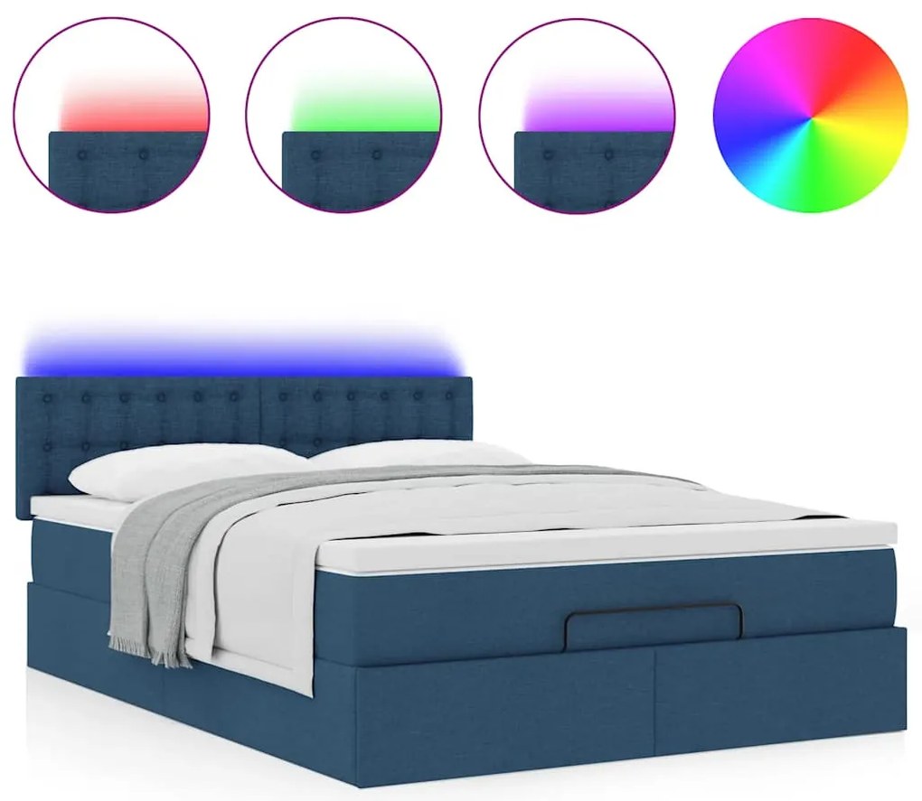 Estrutura de cama otomana com colchão tecido azul 140x200cm