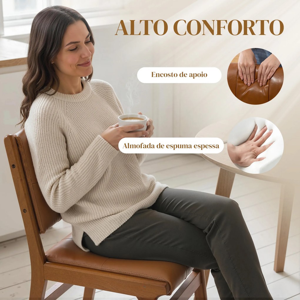 Conjunto de 2 Cadeiras de Jantar (MESA NÃO INCLUIDA)  Estofadas em PU com Assento Acolchoado e Pés de Madeira para Sala de Estar Castanho