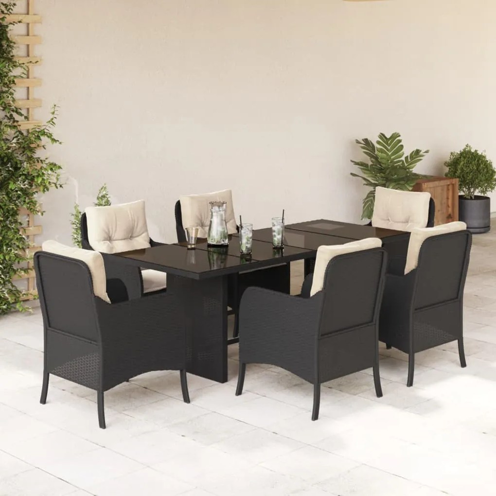 7 pcs conjunto de jantar p/ jardim c/ almofadões vime PE preto