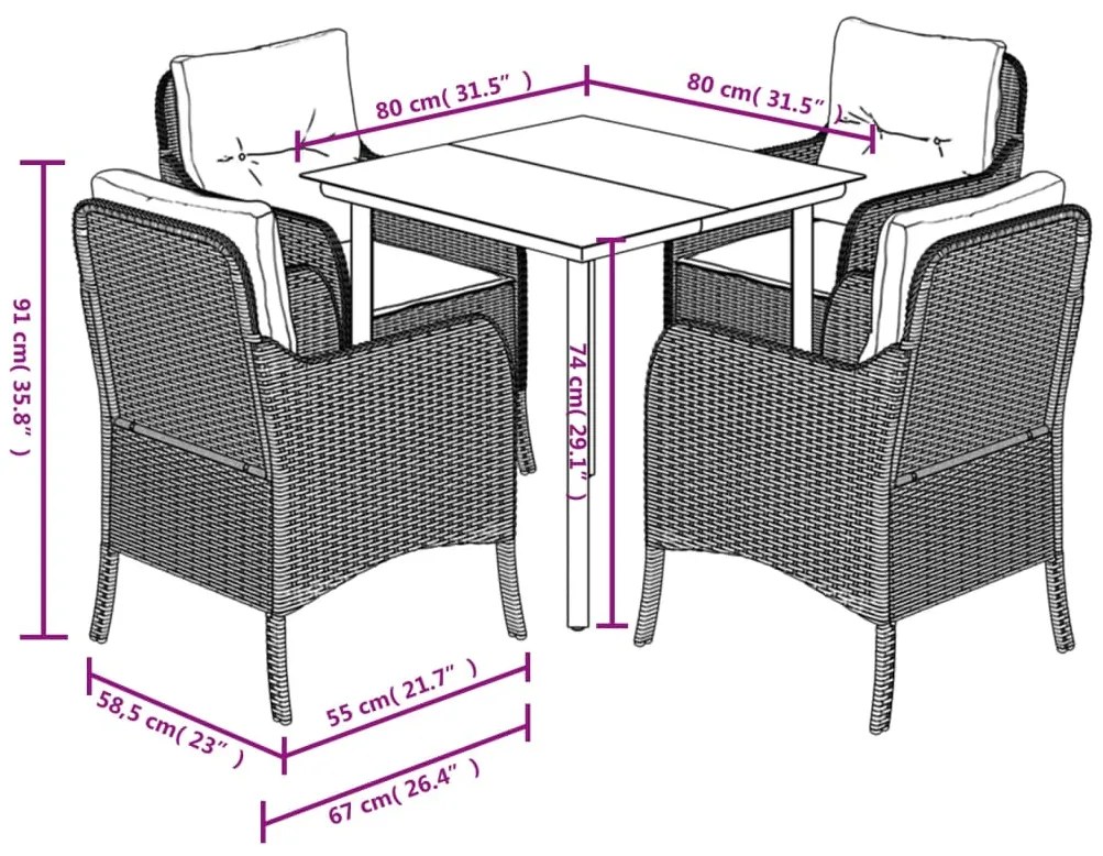 5 pcs conjunto de jantar p/ jardim com almofadões vime PE bege