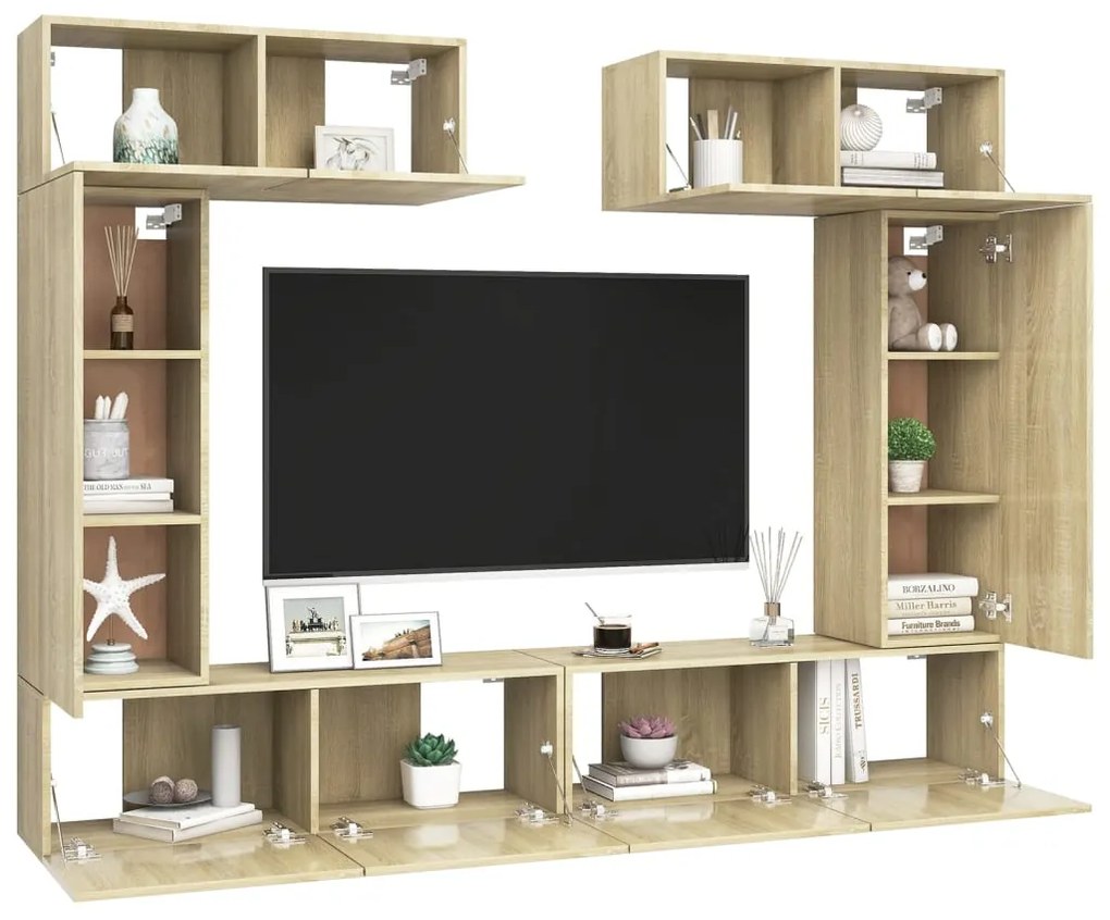 6pcs conjunto de móveis de TV derivados madeira carvalho sonoma