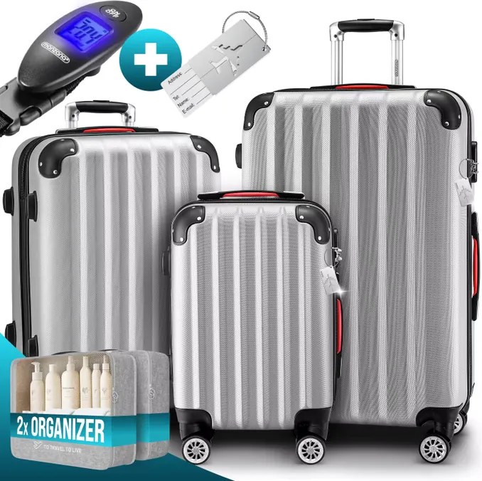 Conjunto de 3 malas viagem peças rígidas Baseline acessórios em ABS Prateadas