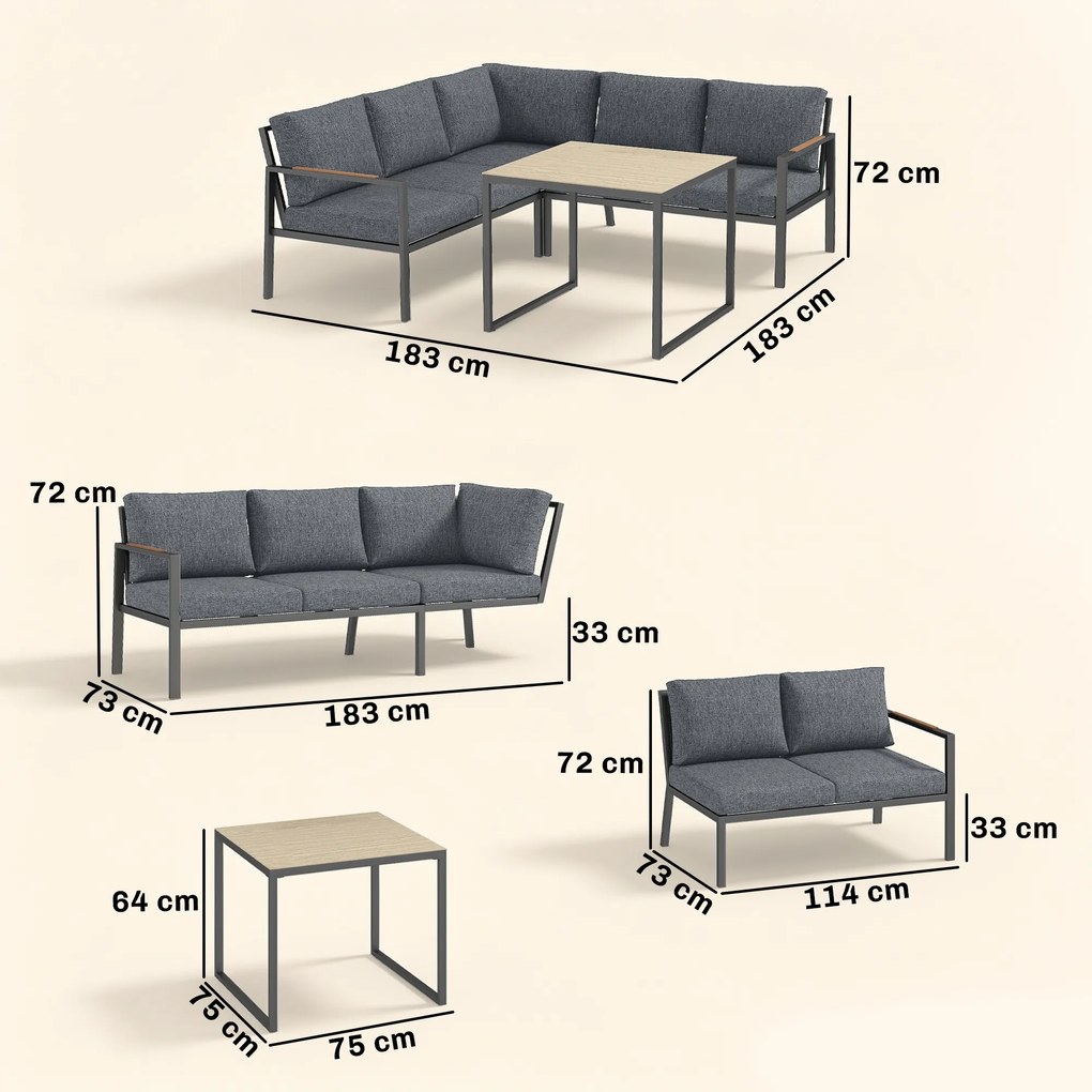 Conjunto de jardim de 3 peças para 5 pessoas, 2 sofás com almofadas grossas, 1 mesa de centro, 183 x 183 x 72 cm, cinzento escuro