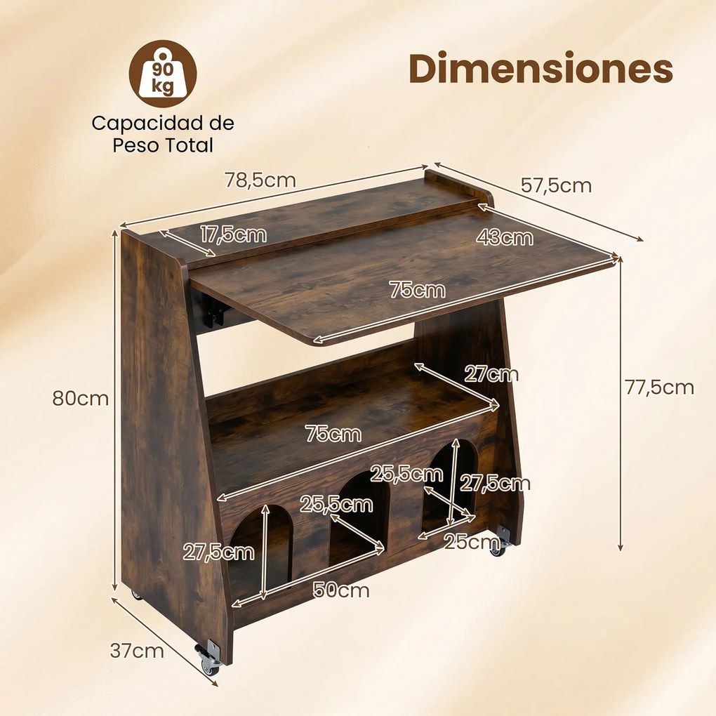 Secretária para Computador Dobrável com Rodas, 78,5 x 57,5 x 80 cm, Ala Lateral Dobrável, Castanho