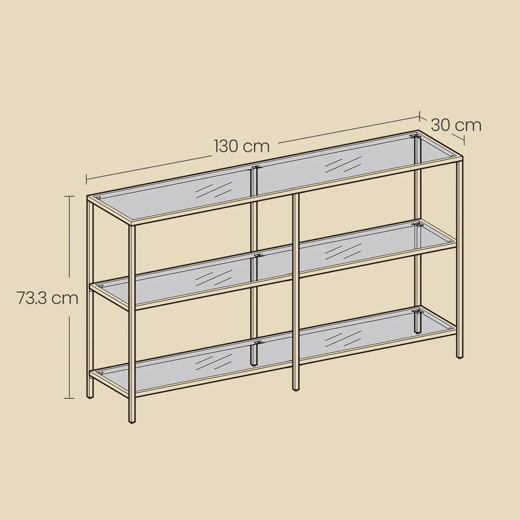 Mesa consola com 3 níveis 30 x 130 x 73 cm dourado e transparente