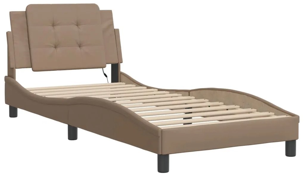 Estrutura cama c/ luzes LED 100x200 cm couro artif. cappuccino