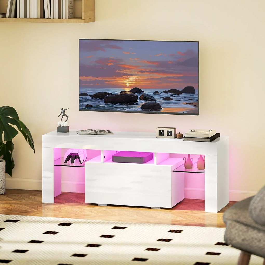 Móvel para televisão com iluminação LED RGB, acabamento de alto brilho, prateleiras em vidro temperado, 120 x 34 x 45 cm, branco