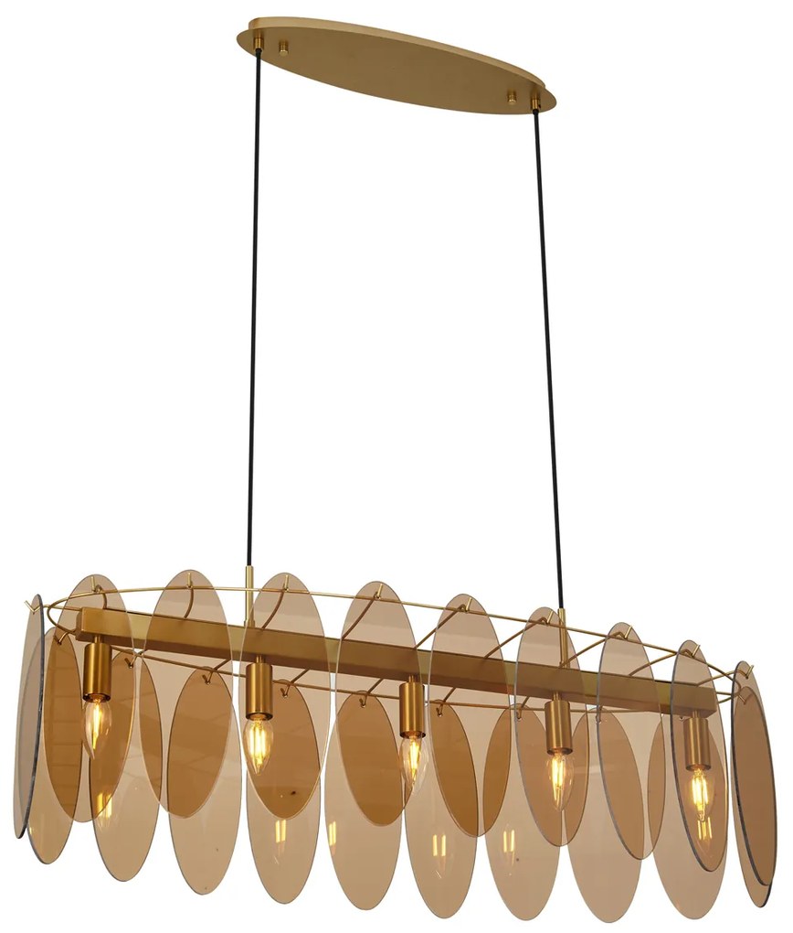 Candeeiro suspenso Art Deco dourado com vidro âmbar oval 5 luzes - Mochan Art Deco
